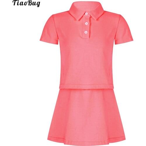 TiaoBug Summer 2Pcs Kids Girls Tennis Golf Sport Suit Lapel Collar Short Sleeves Front Buttons Closure T-Shirt With A-Line Skirt
