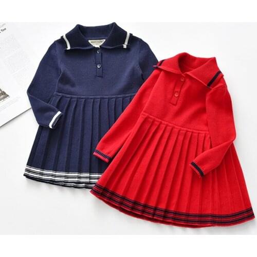 Spring Casual Kids Dresses For Girls Dresses Autumn Loose Kids Girl Pleated Pure Color Dress Long Sleeve Knit Dress
