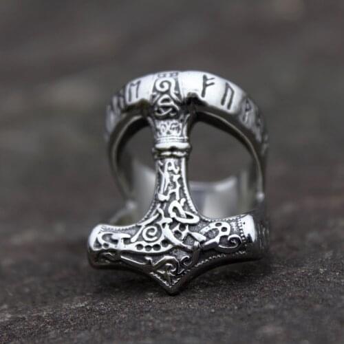 Vintage Mens Viking Mjolnir Thors Hammer Celtic Knot Ring Cool 316L Stainless Steel Nordic Rune Rings Retro Amulet Jewelry