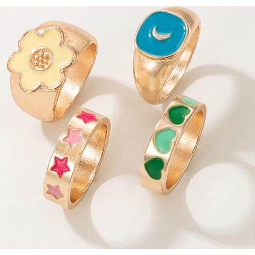 Y2K Candy Flower Ring Dripping Oil Love Star Moon Rings 4-piece Set Women Accessories Cartoon Finger Ring Gift