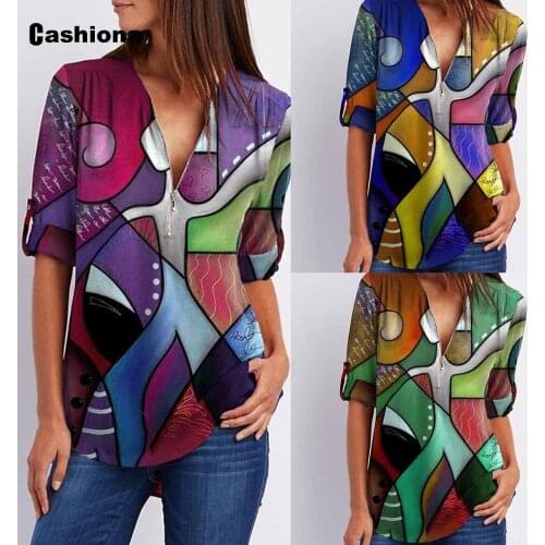 Plus Size 5xl Ladies Patchwork T-shirt Bohemian 3D Print Tees Shirt Women Fashion Zipper Top Pullovers Sexy Womens Clothing 2021