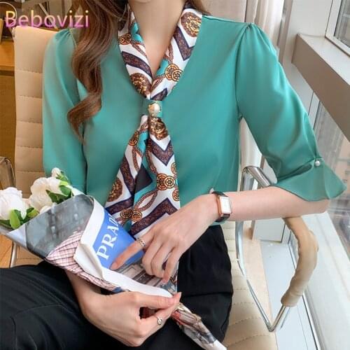 2021 New White Green Loose Fashion Korean Bowknot Summer Chiffon Casual V-neck Women Tops and Blouses Office Lady Work Clothes