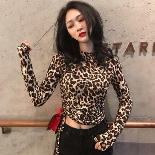 Wenfly Women Tops Drawstring Leopard Pattern Skinny Long Sleeve Half High Collar Short T-shirt Female Vintage Casual