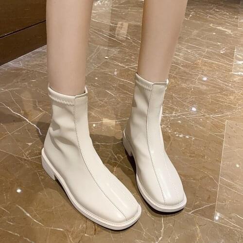 2020 Boots Women Platform Ladies Boots Chunky Winter Shoes Short Thick Heel White Pu Leather Flat Bottom Casual Shoes Female