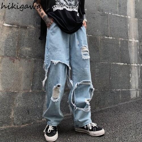 Hikigawa Ripped Jeans Women 2021 Spring Autumn Korean Loose Straight Pantalones High Waist Vintage Harajuku Fashion Denim Pants