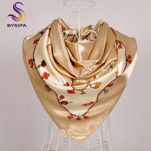 [BYSIFA] Women Shawls Foulard Femme 2019 New Khaki Satin Silk Scarf Fall Floral Design Square Female Scarves Sjaal Bandana