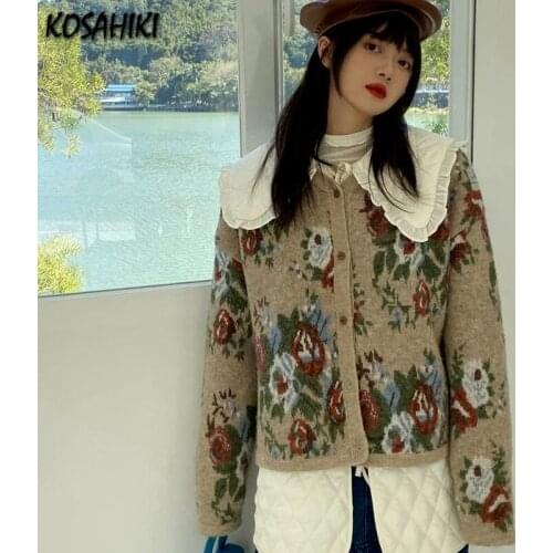 KOSAHIKI Knit Cardigan Women Fashion Floral Sweater Coat Outwear 2021 Autumn Winter Harajuku Korean Sweaters Female Jumper