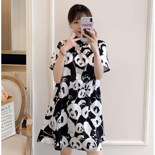 Summer Fashion Panda Print Pattern Traditional Chinese Dress Qipao Tide Chic Qi Pao Button Short Sleeve Cheongsam Vestidos 30982