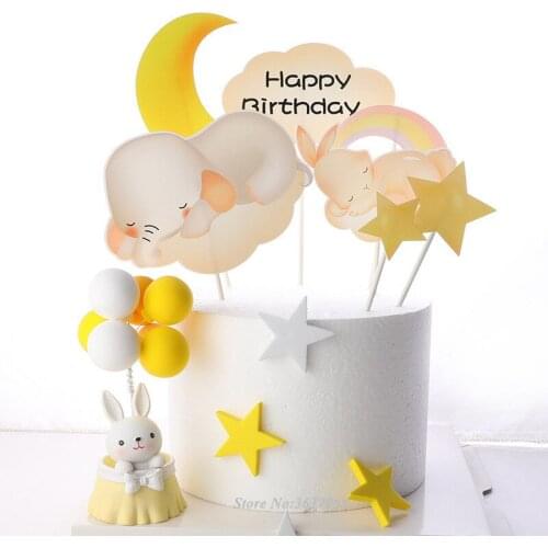 1 set 7pcs Cake Toppers Cute Moon Cloud Sleep Baby Elephant Baby Bunny Baby Shower Birthday Cake Decoration Party Supply