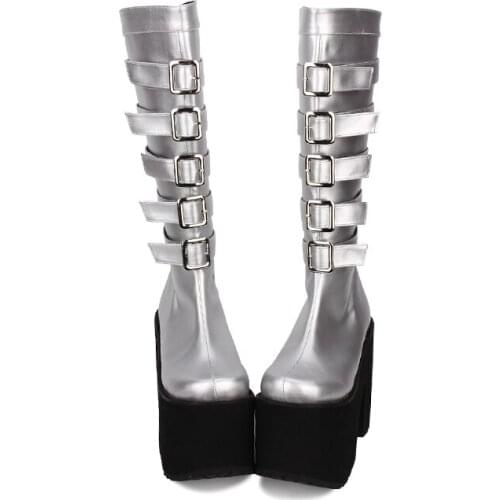 Angelic imprint New Arrival PU Leather Round Toe Punk style Platform Knee Lace Up High Boots Stars Lolita Shoes Size 35-39 8452