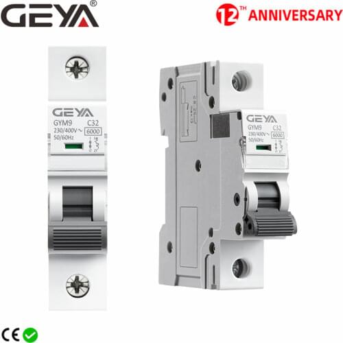 GEYA GYM9 1P MCB Din Rail 220V 400V Circuit Breaker 6A-63A AC Type 6KA Breaking Capacity ON OFF Switch