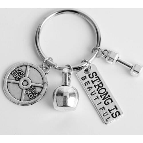 HANCHANG Jewelry STRONG IS BEAUTIFUL Keychain Fashion Bodybuilding Key Chain Sports Dumbbell Faith Keyring Men Women Gift