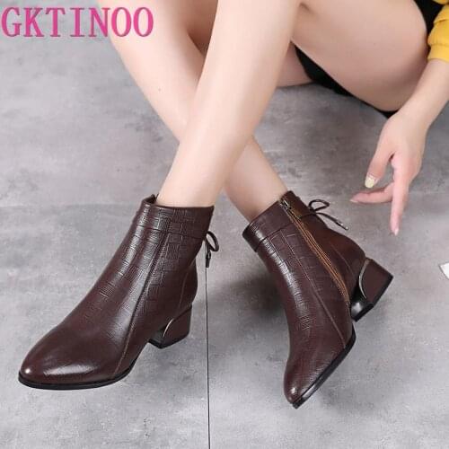GKTINOO New Ankle Boots Women Pointed Toe Thick Heels Genuine Leather Shoes Short Boots Soft Sole Footwear Plus Size 35-43