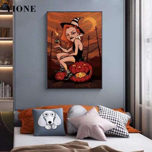 Dark Witch Girl with Pumpkin Canvas Paintings Custom Black Orange Halloween Decoration Poster Print Wall Art Picture for Room