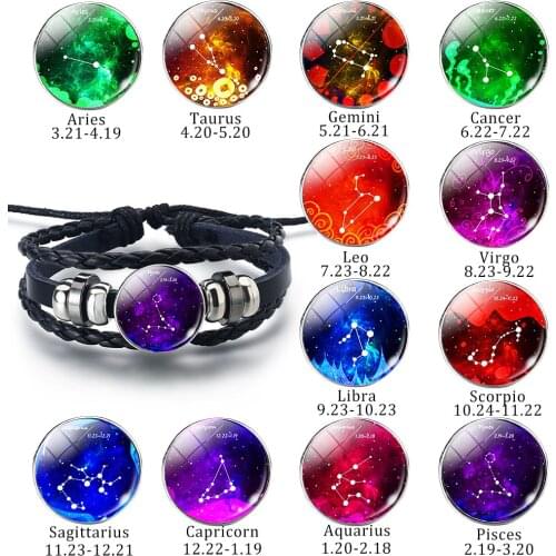 12 Zodiac Constellations Sign Leo Pisces Libra Leather Bracelets Men Women Glass Dome Black Fashion Braided Charm Couple Jewelry