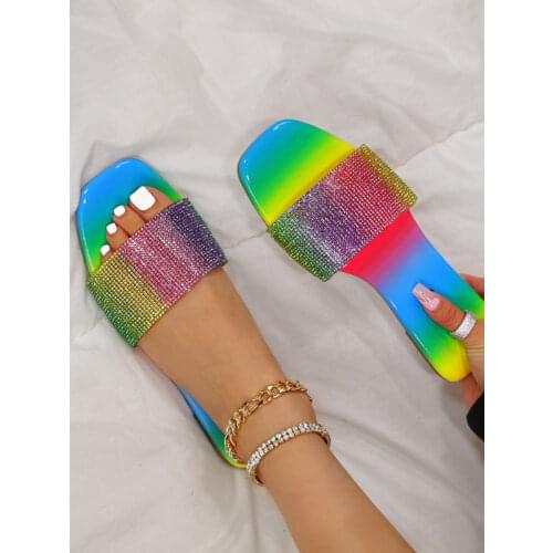 Summer Rhinestone Beach Slippers Fashion Open Toe Flat Sandals Outdoor Casual Womens Shoes Plus Size 43