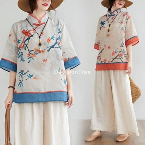 2021 women hanfu blouse printing traditional women chinese style shirt costume hanfu clothing linen traditional ancient blouse