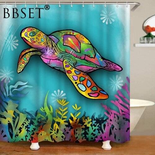 Marine Life Shower Curtain Colorful Big Sea Turtle Pattern Waterproof Multi-size Douchegordijn Bathroom Decor with 12 Hooks