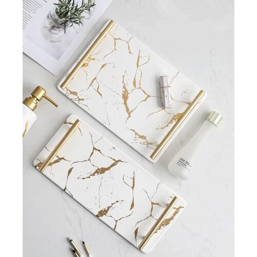Nordic Storage Tray- Marble Pattern With Handle Tray- Rectangular Ceramic Tray-Hotel Tea Cup Storage Tray -Restaurant Snack Plat