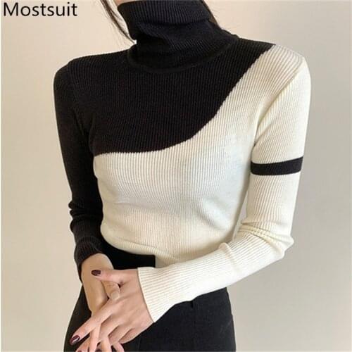Color-blocked Turtleneck Knitted Pullover Sweater Women Full Sleeve Slim Stylish Korean Fashion Jumpers Tops Femme 2021