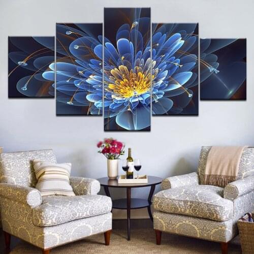 Modern Canvas HD Printed Poster Framework Bedroom Decor 5 Pieces Blue Lotus Paintings Modular Wall Art Abstract Flower Pictures