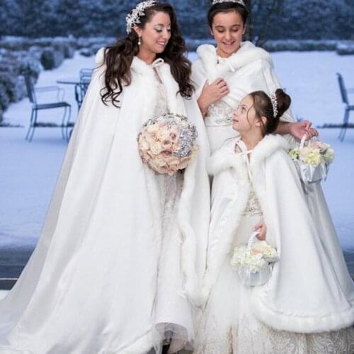 Bridal Winter Wedding Cloak Cape Hooded with Fur Trim Long Flower Shawl cloak