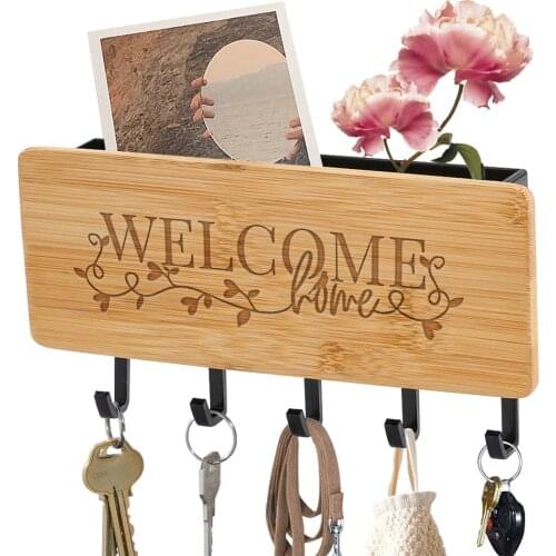 Bamboo Wood Storage Key Rack Engraved Welcome-home Wall Hook Door Back Keys Hanger Refrigerator Wall Decoration Hanging Holder