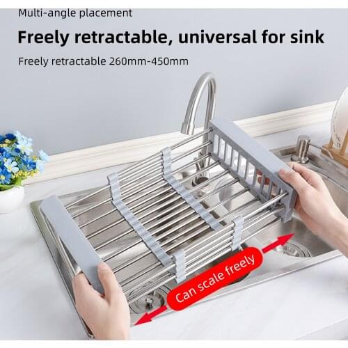 Stainless Steel Retractable Drain Rack Kitchen Sink Storage Shelf Vegetable Fruit Drainer Basket Utensils Organizer Spoon Holder
