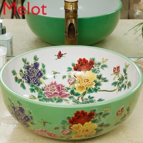 High-End Fashion Luxury Chinese Ceramic Carved Bathroom round Inter-Platform Basin Household Minimalist Art Wash Basin