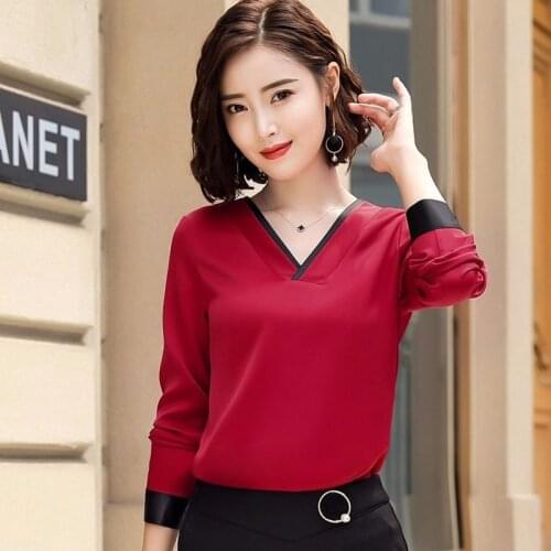 Women Chiffon Blouses V-Neck Zipper OL Long Sleeves Loose Shirt Blouse Blusa Feminina elegant solid color Plus Size DD2353