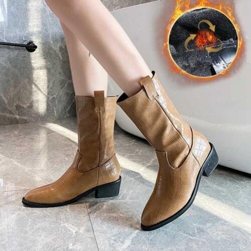 2021 Winter Sexy Pointed Boots Fashion Artificial Leather Square Heel And Cotton High Heel Boots Size 43 Boots Women