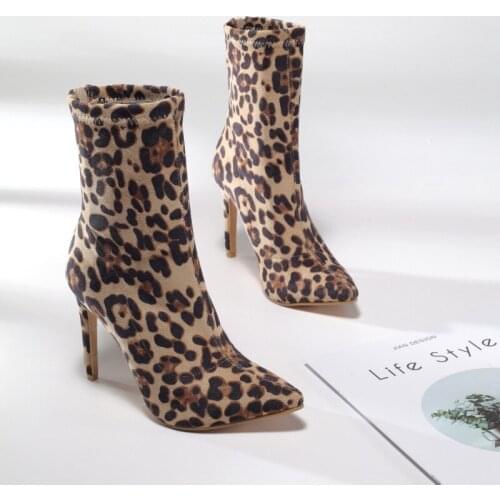 2021 Suede Pointed Toe Women Ankle Boots Leopard Fashion Hoof High Heel All Match Short Woman Shoes Fur Boots Size 34-42