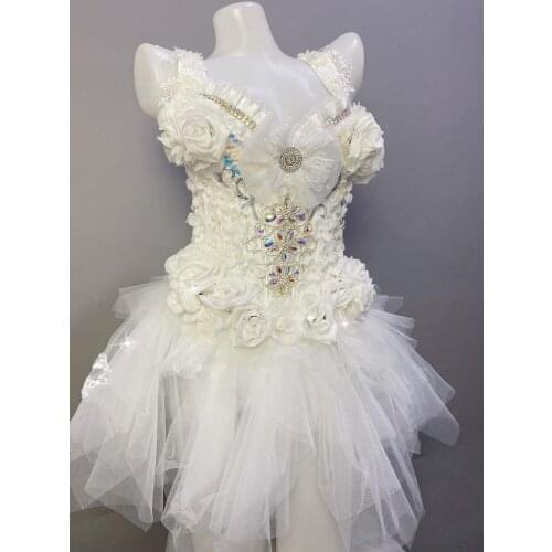 Female Singer Dancer Performance Costume Sparkly Rhinestones White Flowers Slit Dress Club Party Birthday One Piece Short Dress