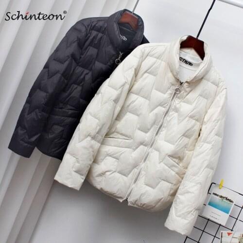 Schinteon Women Light Down Jacket Simple Stand Collar Outwear Slim Short Coat Korean Style Fashion New 2021 Spring Autumn