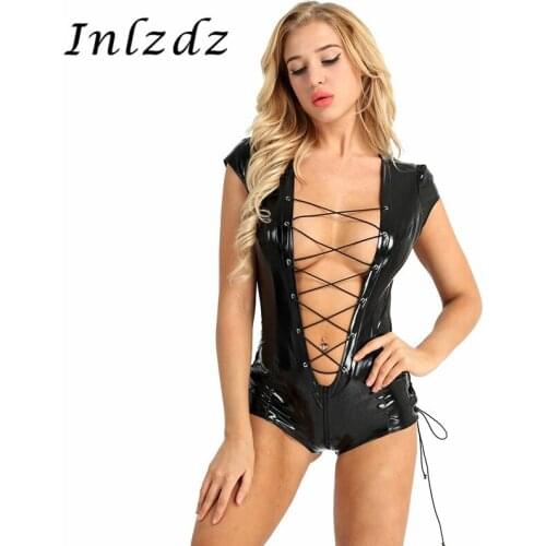 Womens Erotic Lingerie Leotard Bodysuit Wet Look Patent Leather Cap Sleeve Deep V Plunging Lace-up Zipper Crotch Romper Jumpsuit