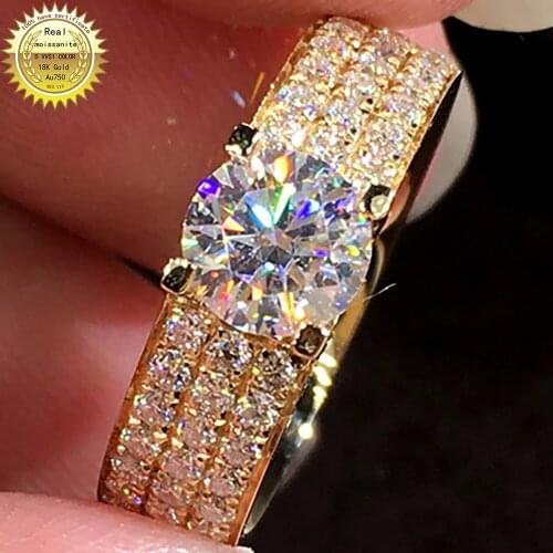 18K Au750 Yellow Gold Women Ring Moissanite Diamonds 1 2 4 5 Carat 3 Row Round Wedding Party Engagement Anniversary Ring Unisex