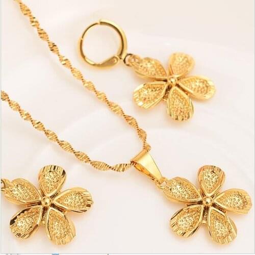 18 k Fine Solid Gold GF Europe Flower Jewelry sets Bride Wedding Necklace pendant Earrings leafiness women Arab Jewelry lucky
