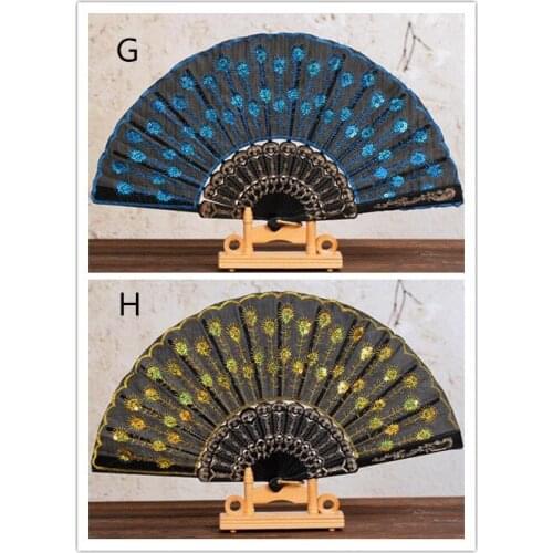 200pcs hot Chinese Folding Peacock Hand Fan Bead Fabric Decor Colored Embroidered Flower Pattern Black Cloth Folding Hand Fan