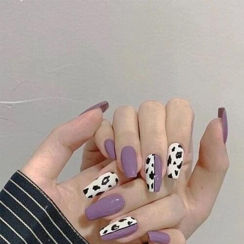 24pcs Ballet Purple Leopard Print Wear Long Paragraph Fashion Manicure Patch False Nails Save Time Wearable Nail Patch WD