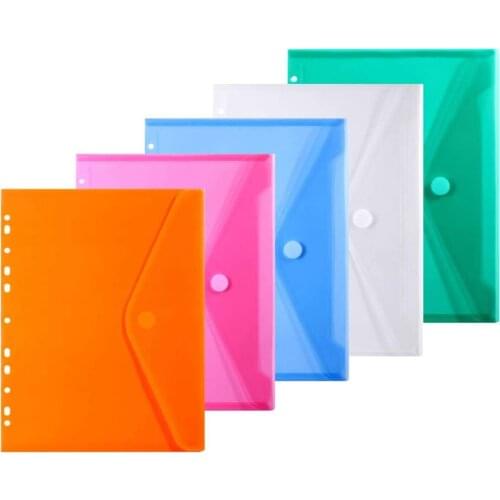 5 Packs A4 Letter Size Assorted Colors 11 Holes Semi Poly Envelope Pocket Insert Pages for Binders, with Hook and Loop Closure