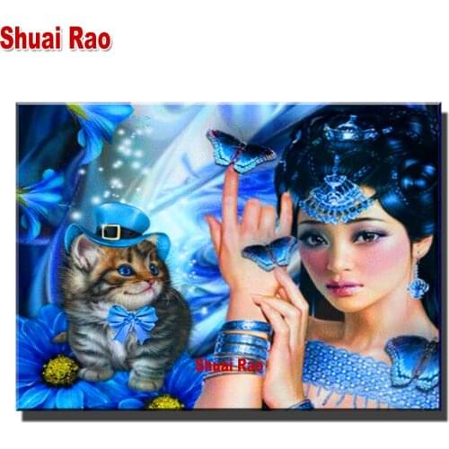 5D Diy diamond painting Blue Woman And Cat,Pretty Girl Handicrafts art Diamond Mosaic Embroidery cross stitch Christmas Gift