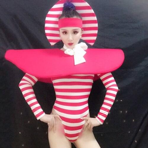 American Female Gogo DS DJ Jumpsuit Clown Cosplay Costume Exaggerated Theme Show Performance Dress Stripe Headdress Outfit 1986