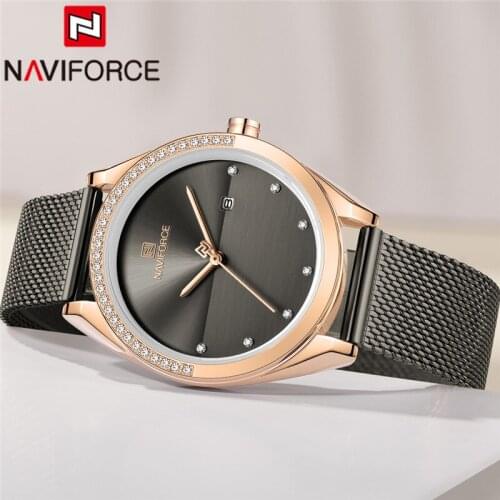 NAVIFORCE New Women Watch Top Brand Luxury Black Ladies Wristwatch Mesh Stainless Steel Bracelet Date Classic Female Clock 5015