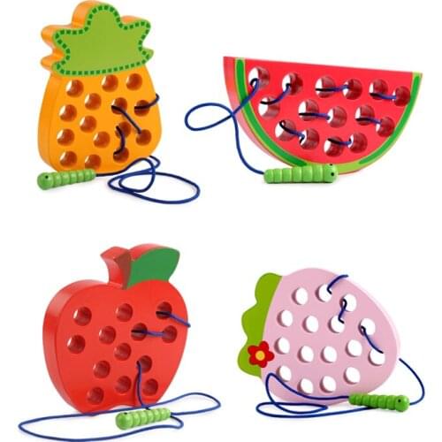 Wooden Insects Eat Fruit Educational Toys Children Montessori Training Logical Thinking Apples Pineapple Threading Toy Baby Gift