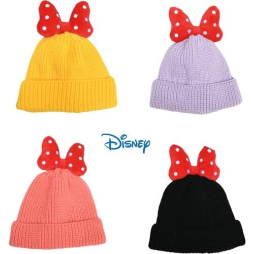 Disney Minnie Childrens Woolen Hat Autumn and Winter Mickey Bowknot Knitted Hat Baby Cute Warm Pullover Pompom Cap with Elastic