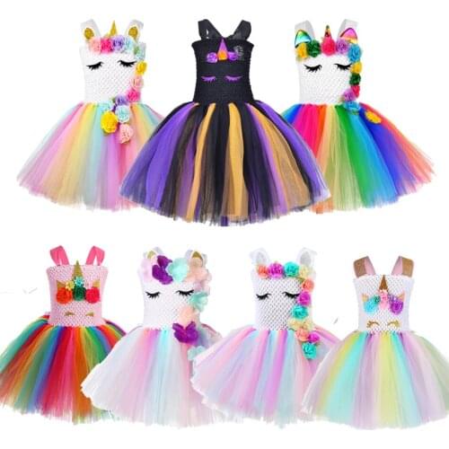 Kids Black Unicorn Dresses for Birthday Party Knee Length Flower Girl Dress Disguise Girl Hallloween Costumes Childrens Frock