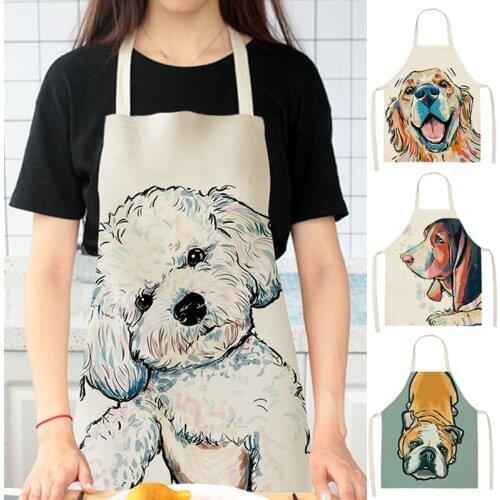 68*55cm Cute Dog Printed Household Adult Antifouling Apron Women Home Cooking Baking Waist Bib Dog Series Printed Coverall