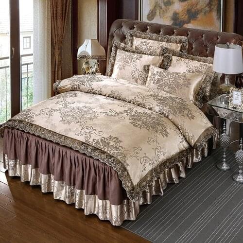 Coffee Satin Jacquard Luxury Lace Bedding Sets Queen King Size 4pcs Bedspread Duvet Cover Bed Skirt Set Pillowcase Bedclothes