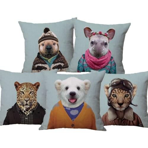 Sea Otter Polar Bear Elephant Dog Wolf Cattle Rhinoceros Animals Throw Pillow Cover Linen Cushion Case 45X45cm Sofa Decoration