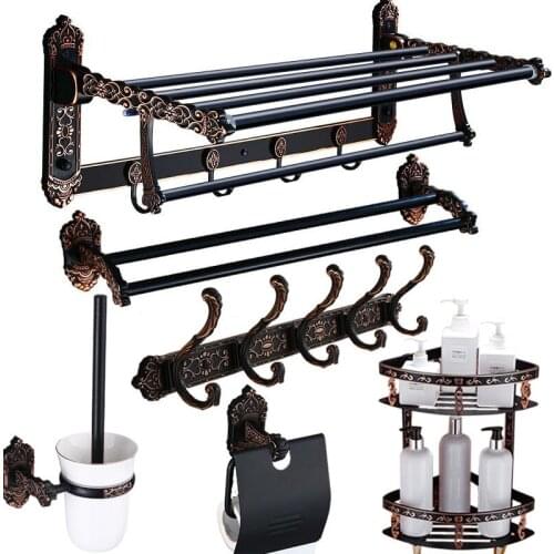 Bath Hardware Set Aluminum Black Carved Foldable Towel Rack Towel Bar Corner Shelf Paper Holder Toilet Brush Holder Nail Punched
